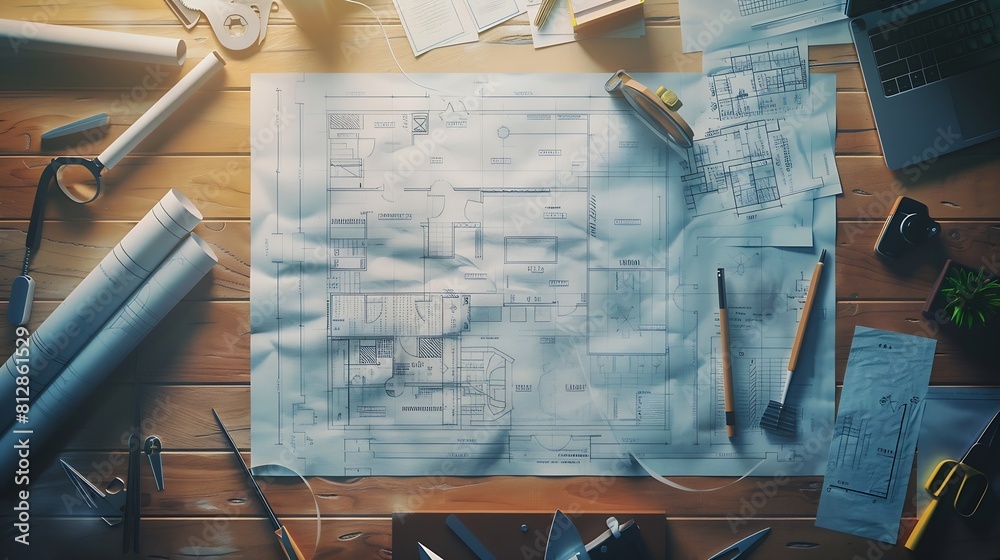 Leinwandbilder Creative flat lay of architects wooden table with roll blueprints architectural project plan engineering tools office supplies Workspace for designer concept : Generative AI