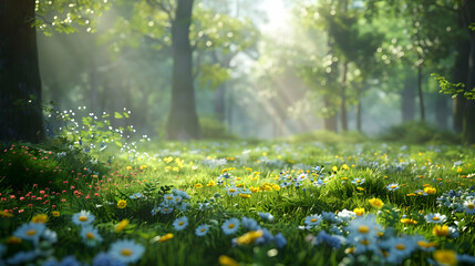 Lively Forest Floor in Spring: Untamed Beauty of Wildflowers and New Life Stock Photo Concept