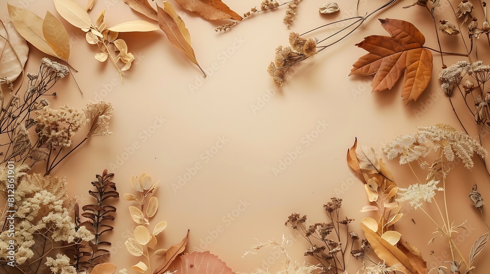 Poster autumn composition photo frame dried flowers and leaves on pastel beige background autumn fall conce