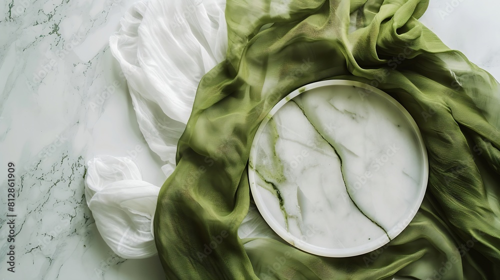 Poster Empty marble plate with green fabric on white textured background Minimalist summer table setting Eco friendly style Top view : Generative AI