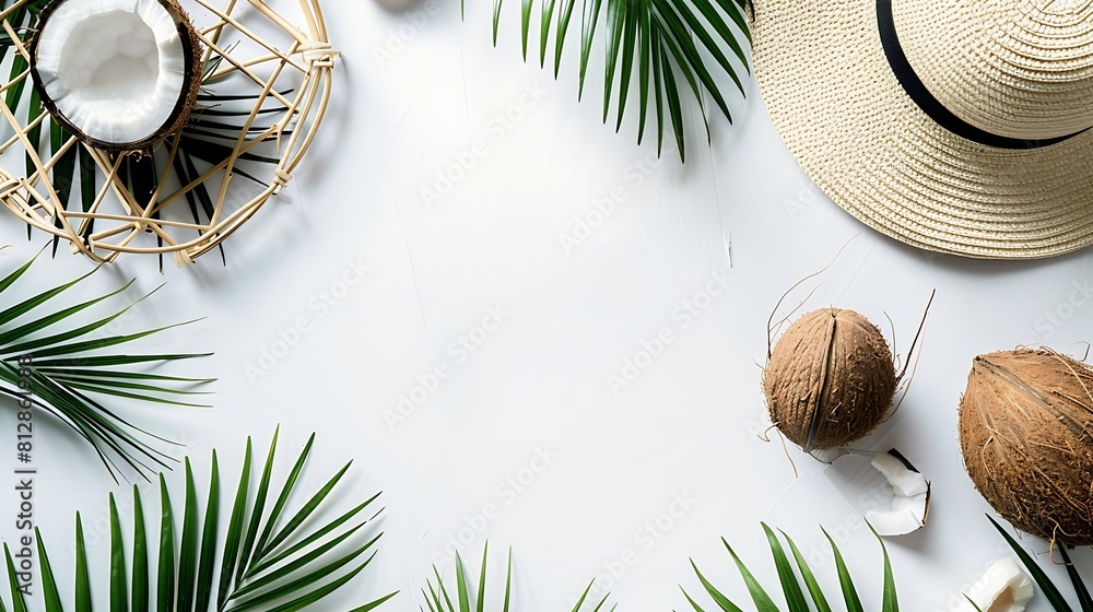 Poster summer composition tropical palm leaves hat photo frame coconut on white background summer concept f