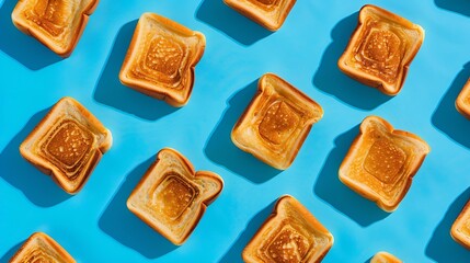 Close up pattern of French toast loaves on a bright blue contrast background Morning breakfast brunch concept Modern minimal food photography collage in popart style Flat lay : Generative AI
