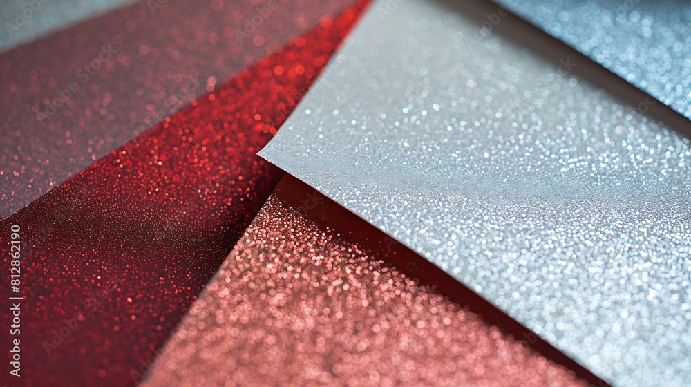 Poster from above layout of pastel glitter cardboard sheets in brown white red and grey shiny shades : gene