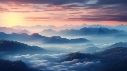 Obraz premium Breathtaking view of vibrant sunrise or sunset over rugged mountain peaks with clouds