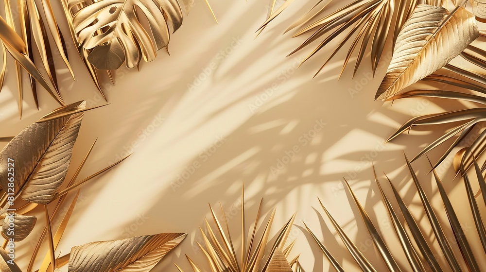 Poster Creative layout made of colorful and golden tropical leaves and palms on beige background Minimal summer exotic concept with copy space Border arrangement background : Generative AI