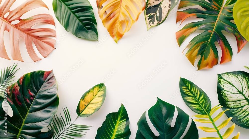 Poster Creative layout made of colorful tropical leaves on white background Minimal summer exotic concept with copy space Border arrangement : Generative AI