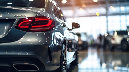 Fototapeta premium Close-up new black car parked in luxury showroom. Car dealership office. New car parked in modern showroom. Car for sale and rent business concept. Automobile leasing and insurance concept.