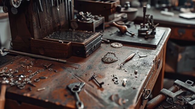 workbench full ofJing Mi Ling Jian He Gong Ju ,Pang Bian Huan You Yi Ge Zheng Zai Gong Zuo De Ji Shi