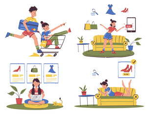 Online shopping and E-commerce concept set. perfect illustration for your design and web. flat design hand raw style
