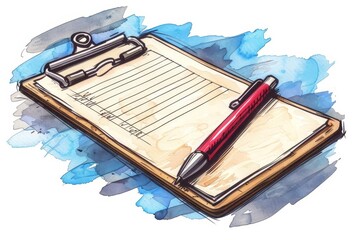 A clipboard with a packing list and a pen attached, illustrated with sharp lines, isolated on white background