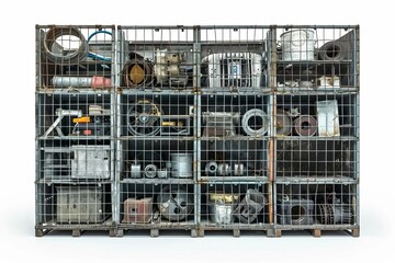 A metal storage cage overflowing with assorted parts