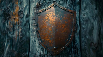 Fototapeta premium Weathered Metallic Shield Symbolizing Investment Risk Management
