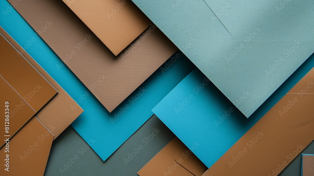 Aufkleber from above layout of colorful cardboard sheets in brown grey and blue shades : generative ai