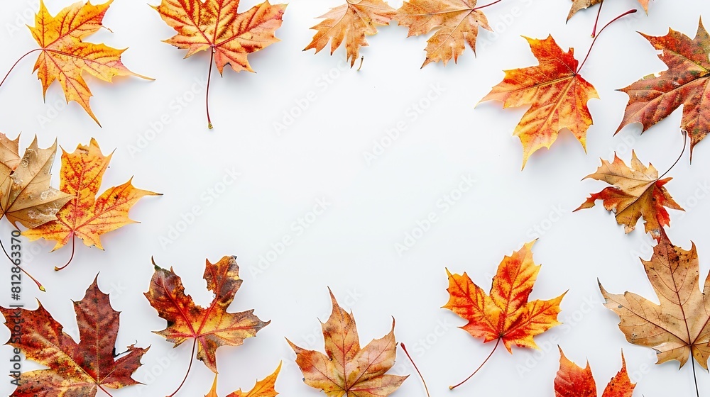 Poster autumn composition frame made of autumn maple leaves on white background flat lay top view copy spac