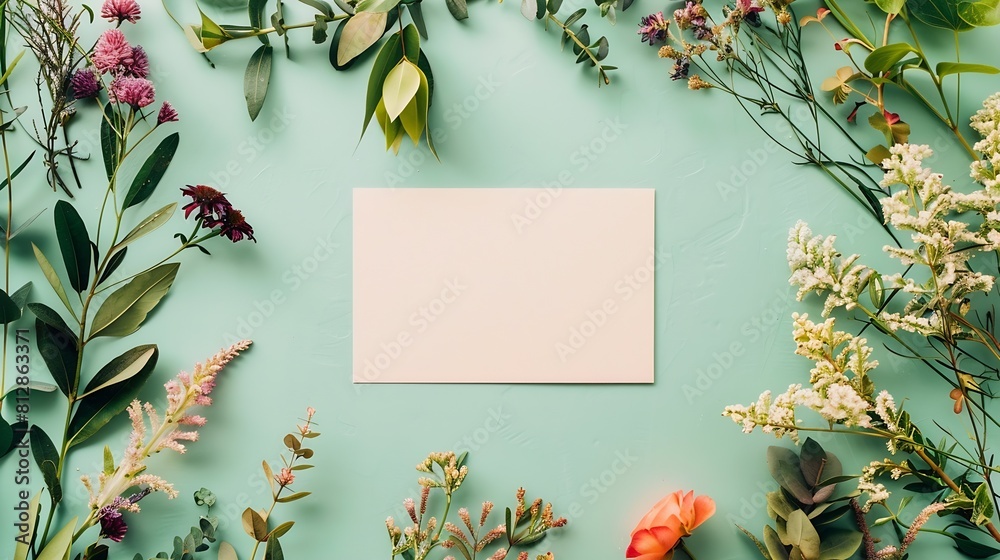 Poster creative layout made of flowers and leaves with paper card note flat lay nature concept : generative