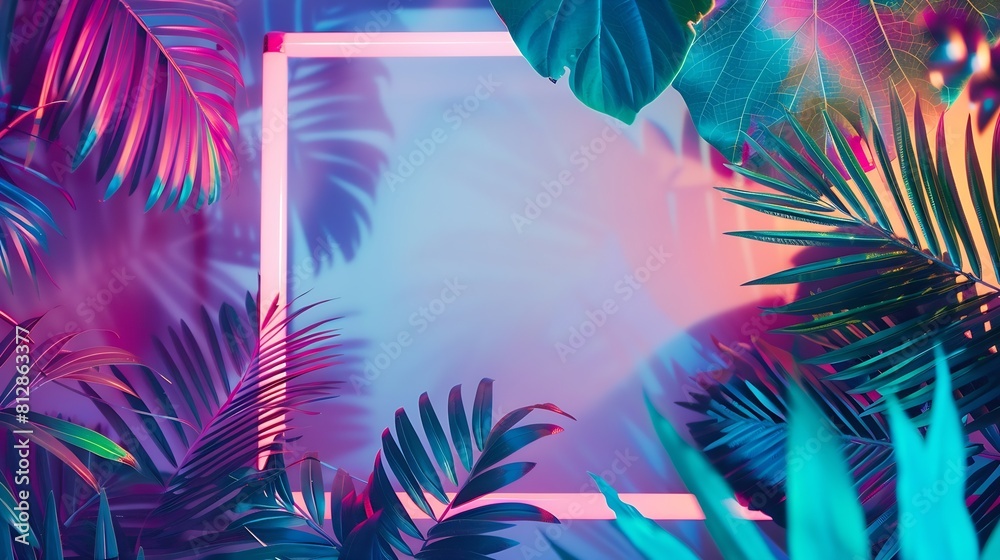 Poster creative fluorescent color layout made of tropical leaves with neon light square flat lay nature con
