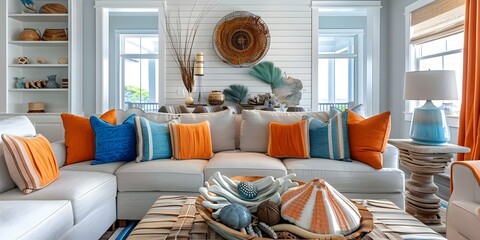Coastal living room with shiplap accent wall showcasing vintage beach treasures. Concept Coastal Decor, Shiplap Accent Wall, Vintage Beach Treasures, Living Room Design