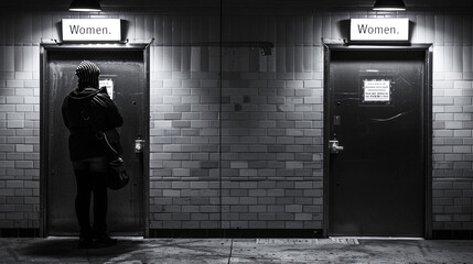 Two bathroom stall doors stand side-by-side. One has a sign that reads "Men" and the other "Women." A person stands awkwardly in between, unsure of which to use
