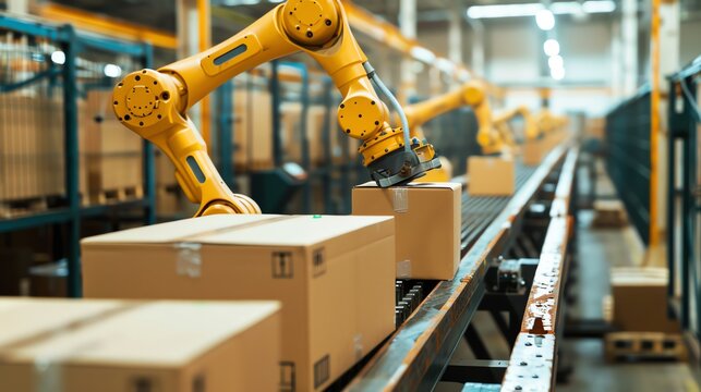 An Industrial robotic arms efficiently handling and packing cardboard boxes on a conveyor belt