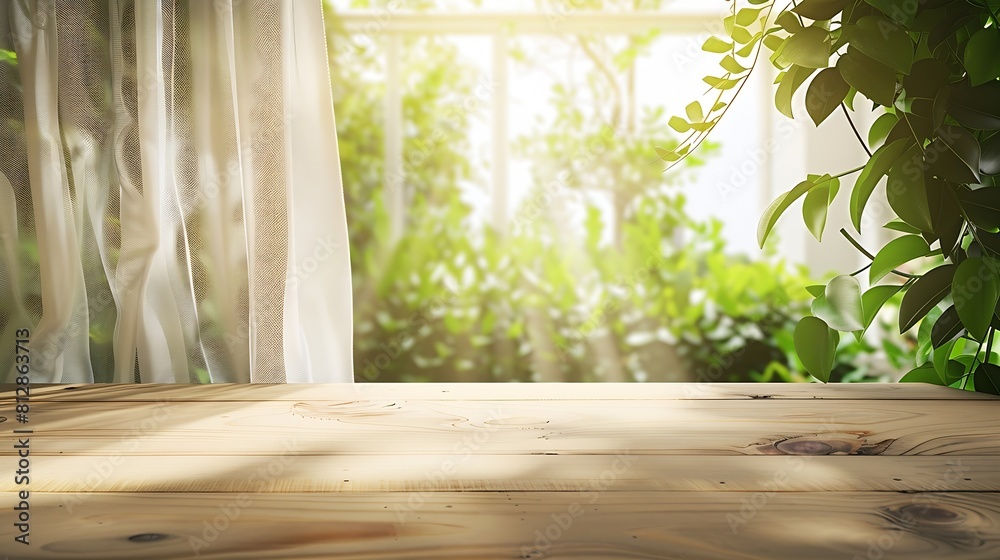 Poster empty of wood table top on blur of curtain window and abstract green from garden with sunlight for m