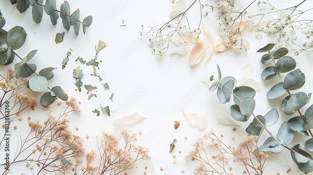 Poster flower composition eucalyptus branches and dry flowers on white background flat lay top view copy sp