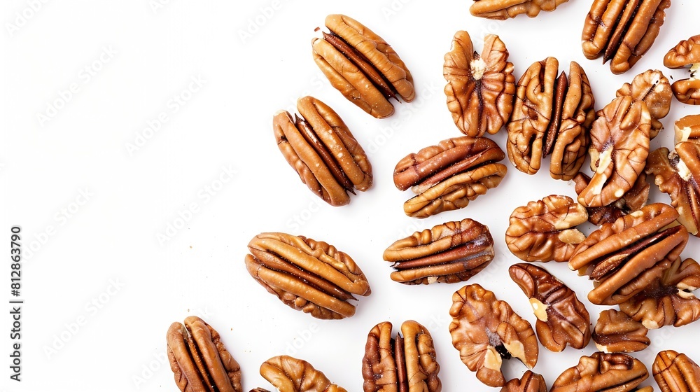 Poster Pecans isolated on white background Nuts scattered Top view Horizontal layout  Package design element with clipping path : Generative AI