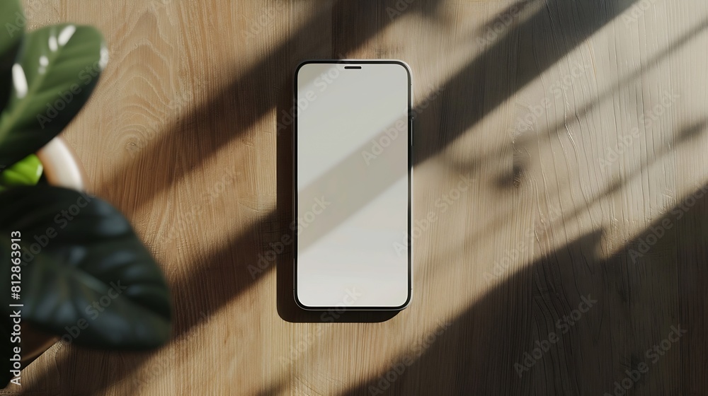 Poster Blank screen mobile phone with copy space on wooden side table Flat lay top view Copy space mockup template : Generative AI