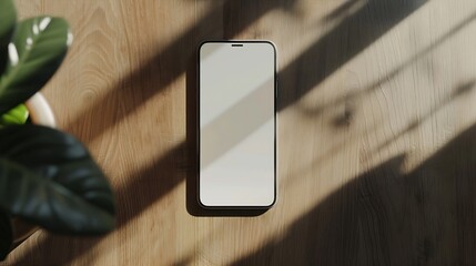 Blank screen mobile phone with copy space on wooden side table Flat lay top view Copy space mockup template : Generative AI
