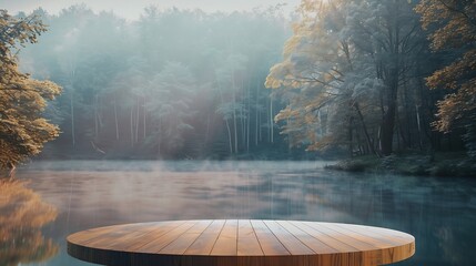 Wood tabletop podium floor outdoors misty lake and forest in winter nature landscape backgroundcosmetic natural product present placement pedestal counter displaycold scene concept : Generative AI