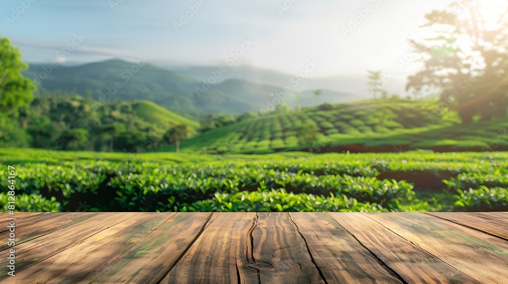 Leinwandbilder wooden table top on blur green tea mountain and grass fieldfresh and relax conceptfor montage produc