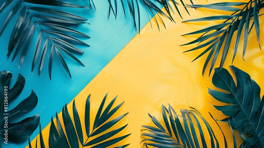 Poster creative layout made of colorful tropical leaves on yellow and blue background minimal summer exotic