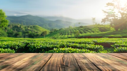 Wooden table top on blur green tea mountain and grass fieldFresh and Relax conceptFor montage product display or design key visual layoutView of copy space : Generative AI