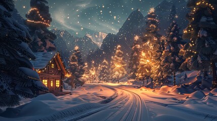 Fabulous and festive illuminated Christmas landscape in the snow, digital illustration hyper realistic 