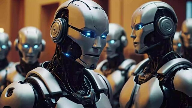 Combat robots in military metal armor. Futuristic cyborg security guard. Technology, robotics, artificial intelligence and future concept.