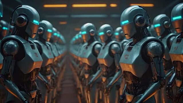Combat robots in military metal armor. Futuristic cyborg security guard. Technology, robotics, artificial intelligence and future concept.
