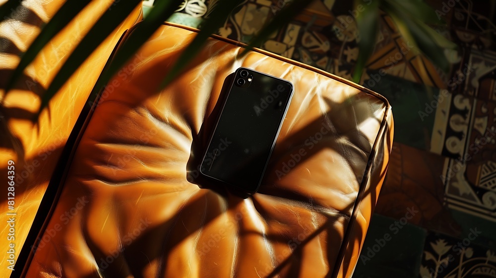 Poster flatlay mobile phone on leather bench or chair with elegant soft sunlight shadows flat lay top view 