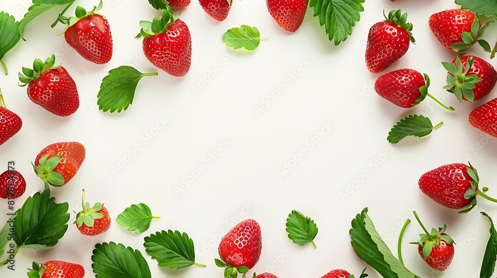 Poster fresh strawberry fruits and leaves composition and creative border on white background healthy eatin