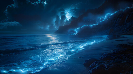 Photo realistic Midnight Glow on the Shore concept: Waves crashing on a dark beach emitting a mystical blue glow under the moonlight