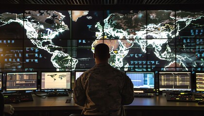Military professional monitoring data in a secure operations center, multiple screens displaying global maps and network connections