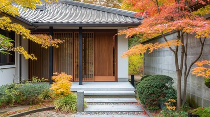 Main entrance door. Japanese, minimalist style exterior of cottage in fall forest. Tiled walls and...