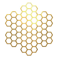 3D Golden honeycomb hexagonal wall showpiece rendering.  