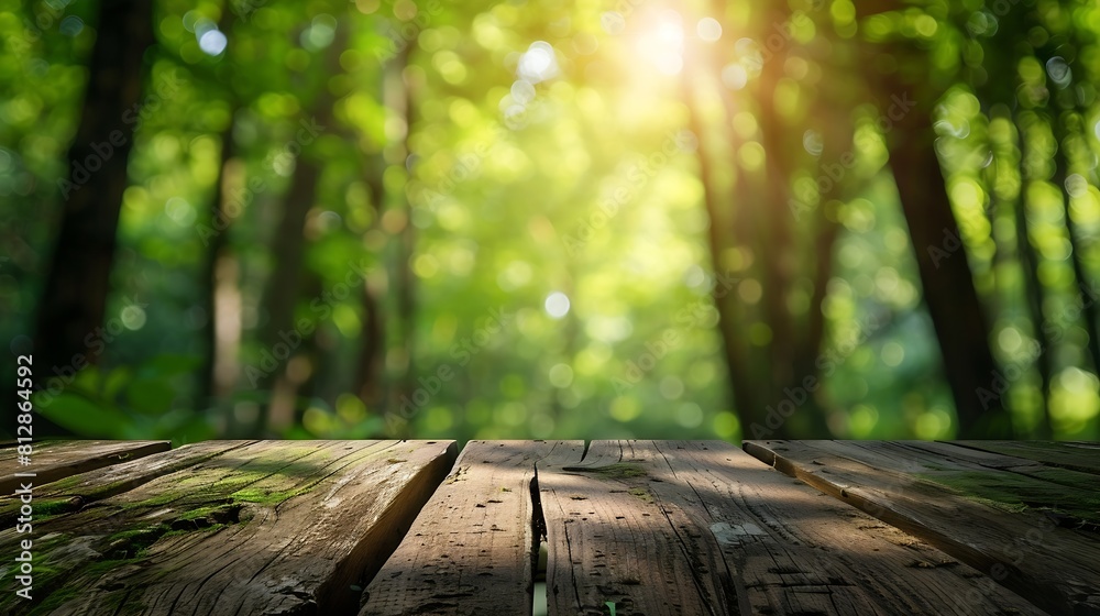 Poster Wooden table top on blur green forestFresh and Relax or health care conceptperspective viewFor montage product display or design key visual layoutView of copy space : Generative AI