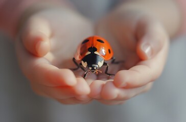 Child holding vibrant ladybug