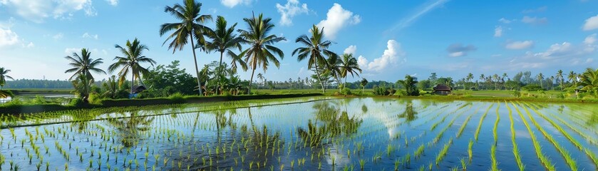 Obraz premium Rice paddies bordered by palm trees under a bright blue sky, water glistening in the sun as young seedlings form neat rows across the flooded fields, aerial perspective