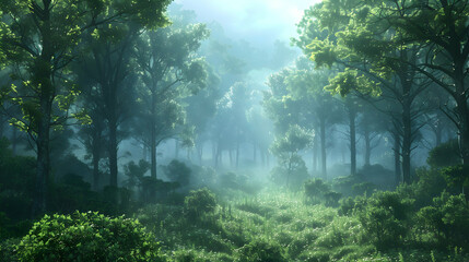 Mystical Morning: Misty Old Growth Forest   A mesmerizing glimpse into the ancient allure of an old growth forest, enhanced by the ethereal mist of a mystical morning. Photo realis