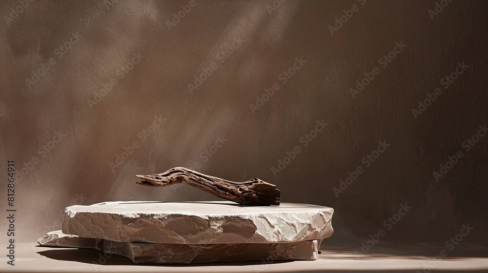 Poster Empty stone podium with lights and shadows on brown background Minimal backdrop Round natural rock and piece of driftwood Abstract pedestal or showcase for presentation Minimal wabi sa : Generative AI