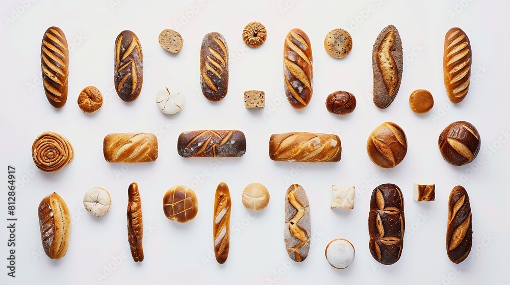 Poster creative layout made of breads on white background flat lay food concept : generative ai