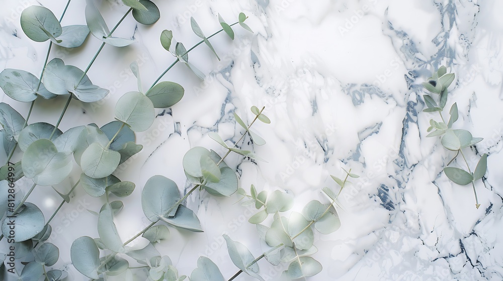 Poster watercolor eucalyptus branches on marble stone table top view floral composition flat lay top view c