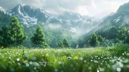 Morning Bliss: Photo Realistic Capture of Alpine Meadows with Dew Kissed Vegetation, Capturing Freshness and Vibrancy of Landscape in Early Morning Light