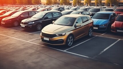 Car parked at outdoor parking lot. Used car for sale and rental service. Car insurance background. Automobile parking area. Car dealership and dealer agent concept. Automotive industry. Electric auto